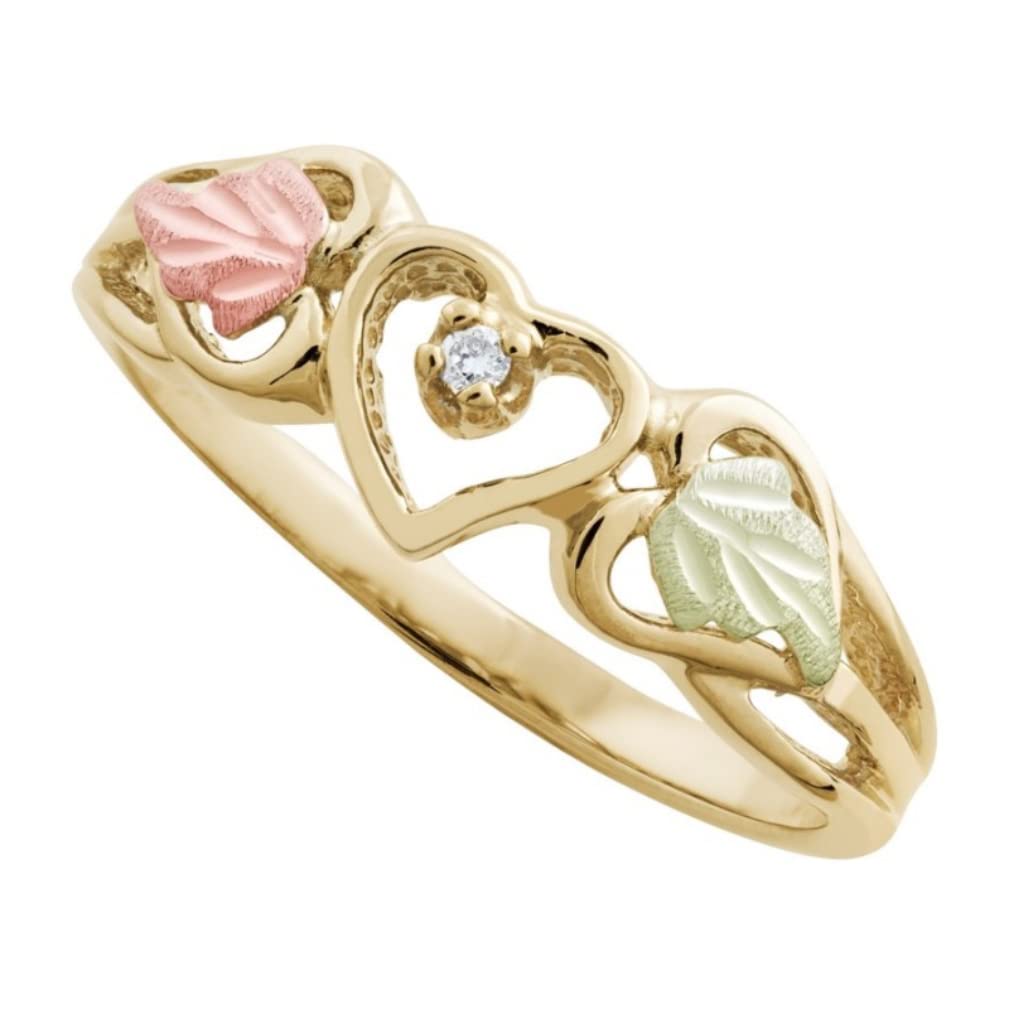 Diamond Heart Ring, 10k Yellow Gold, 12k Green and Rose Black Hills Gold Size 8.25