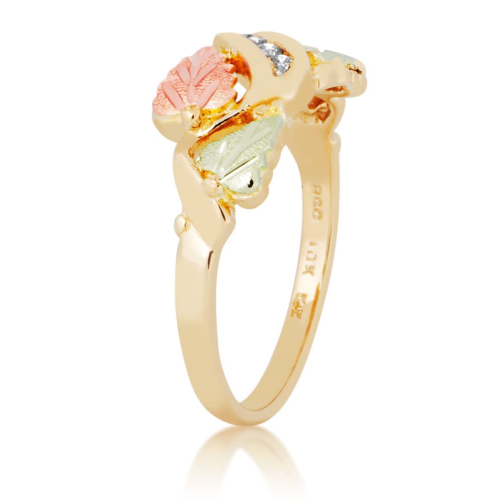 4-Stone Diamond and Grape Leaf Ring, 10k Yellow Gold, 12k Pink and Green Black Hills Gold Size 7