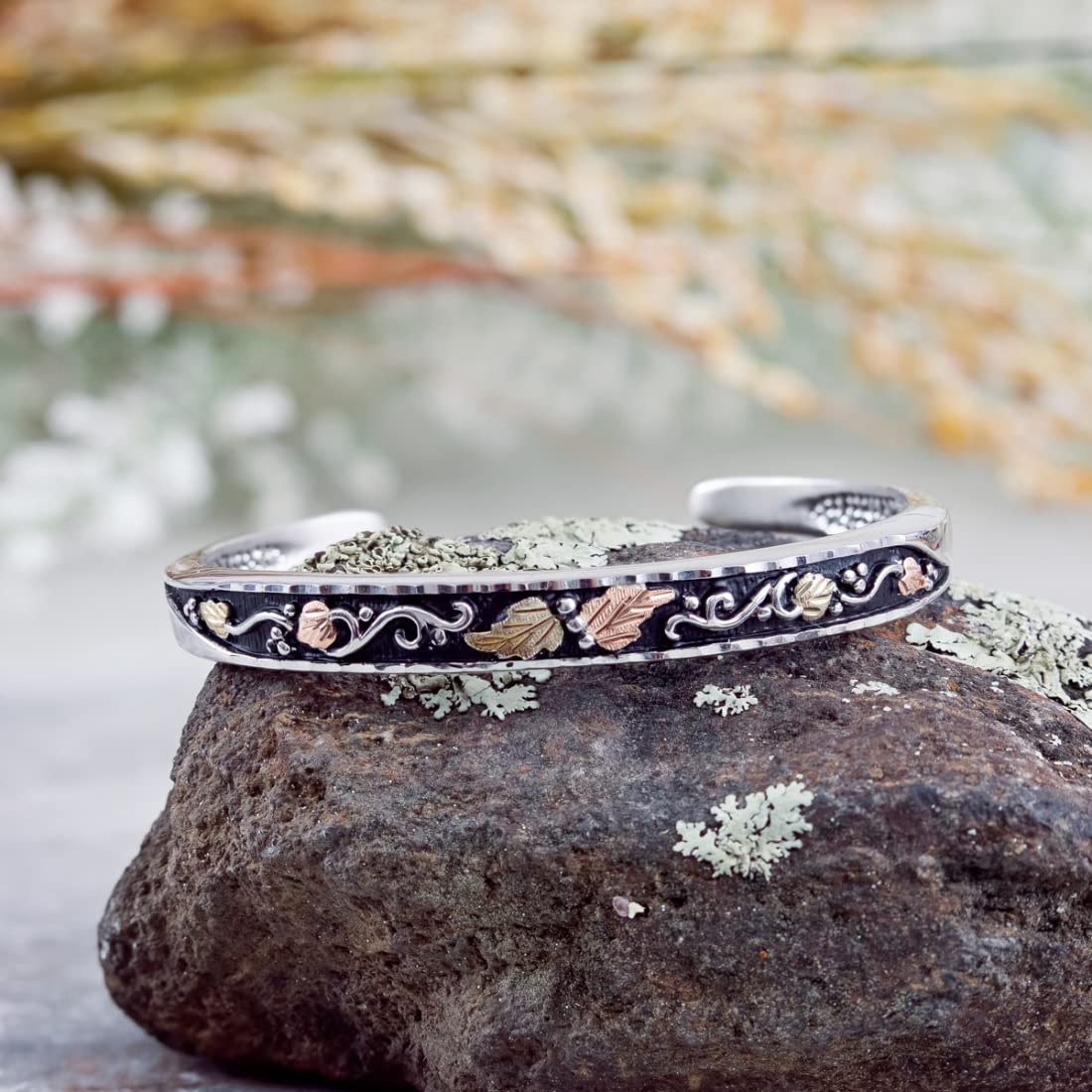 Antiqued Leaf Cuff Bracelet, Sterling Silver, 12k Green and Rose Gold Black Hills Gold