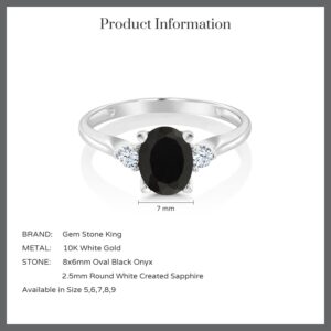 Gem Stone King 10K White Gold Black Onyx and White Created Sapphire 3 Stone Engagement Ring For Women (1.35 Cttw, Gemstone Birthstone, Available In Size 5, 6, 7, 8, 9)