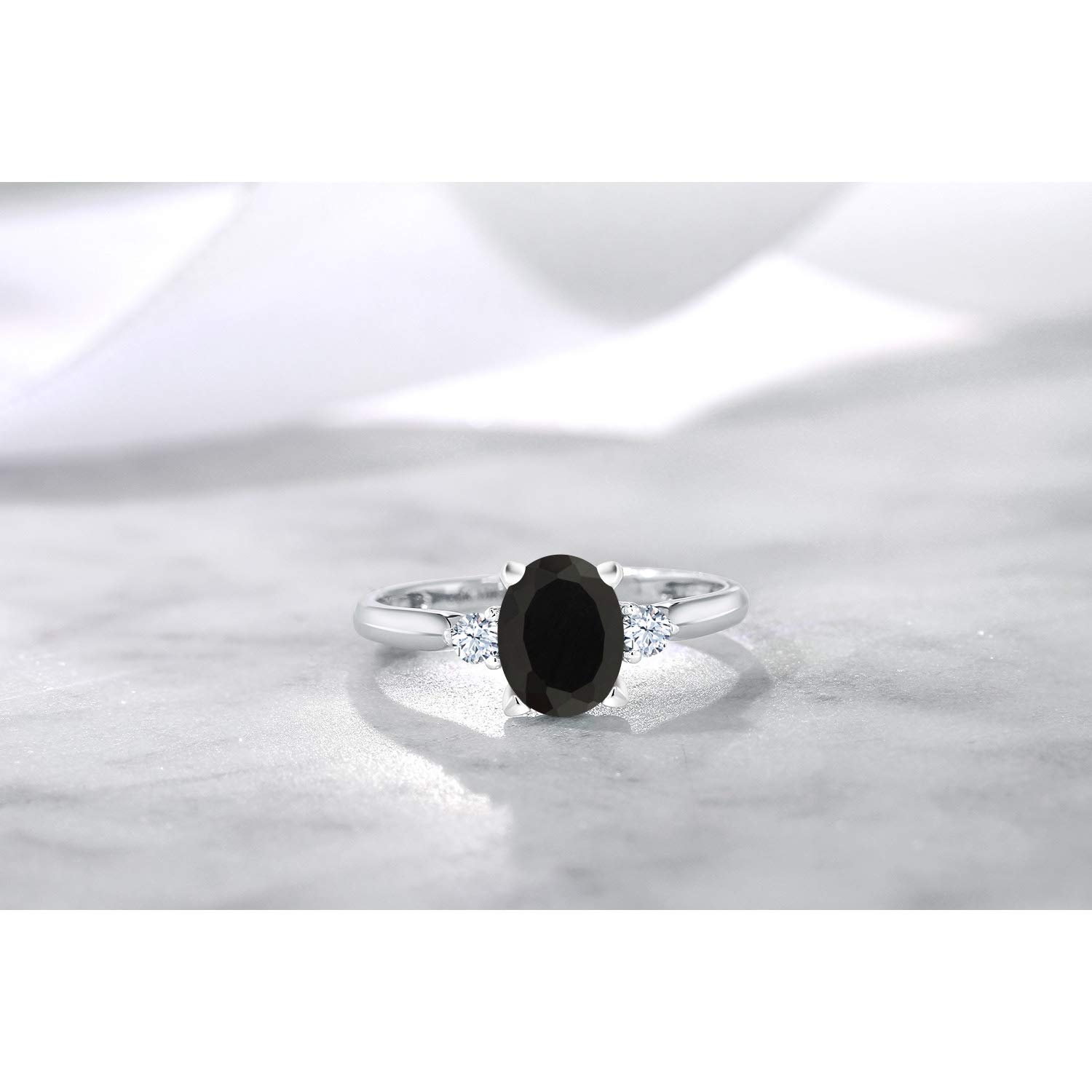 Gem Stone King 10K White Gold Black Onyx and White Created Sapphire 3 Stone Engagement Ring For Women (1.35 Cttw, Gemstone Birthstone, Available In Size 5, 6, 7, 8, 9)