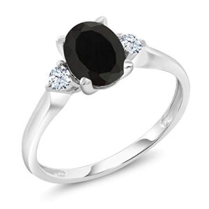 Gem Stone King 10K White Gold Black Onyx and White Created Sapphire 3 Stone Engagement Ring For Women (1.35 Cttw, Gemstone Birthstone, Available In Size 5, 6, 7, 8, 9)