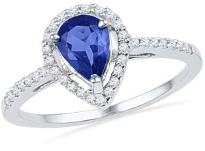 size - 5.5 - solid 10k white gold pear round blue simulated sapphire and white diamond engagement ring or fashion band prong set solitaire shaped halo ring (1/5 cttw)