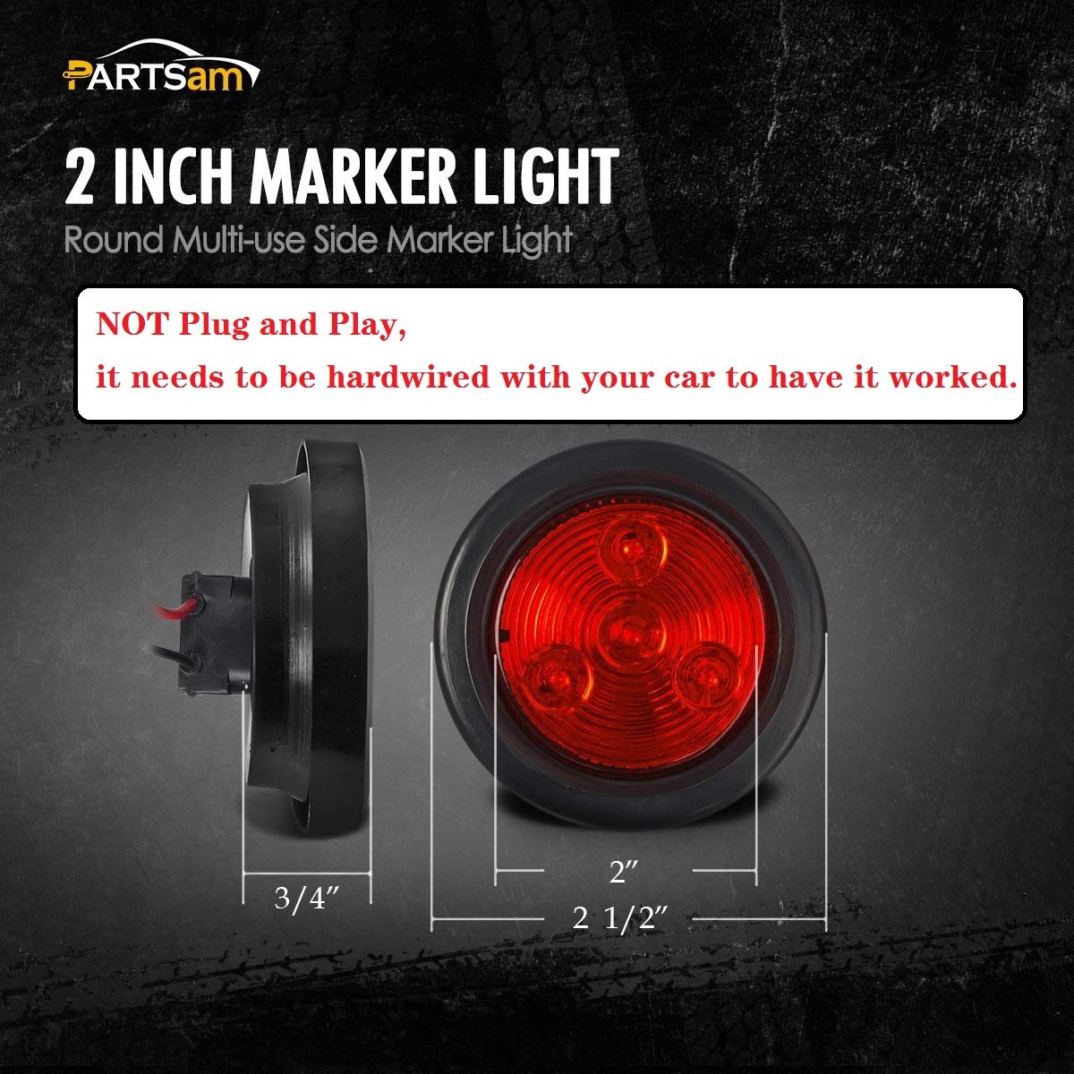 Partsam 5pcs 2 inch Red 4 LED Round Sealed Trailer Clearance Marker Light [DOT Approved] Mount Grommet/Pigtails Hardwired