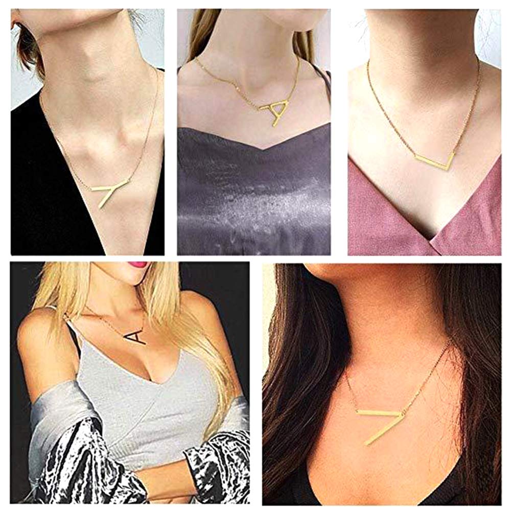 U7 Sideways Large Initial Necklaces 18K Gold Plated Big Letter Script Name Necklaces Statement Alphabet Pendant M Necklace for Women Gift