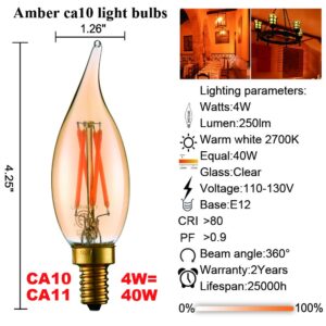 LiteHistory Dimmable 4W 2200K Amber CA10 led Bulb E12 Candelabra led 250lm, Warm White, 40W Flame tip 6Pack