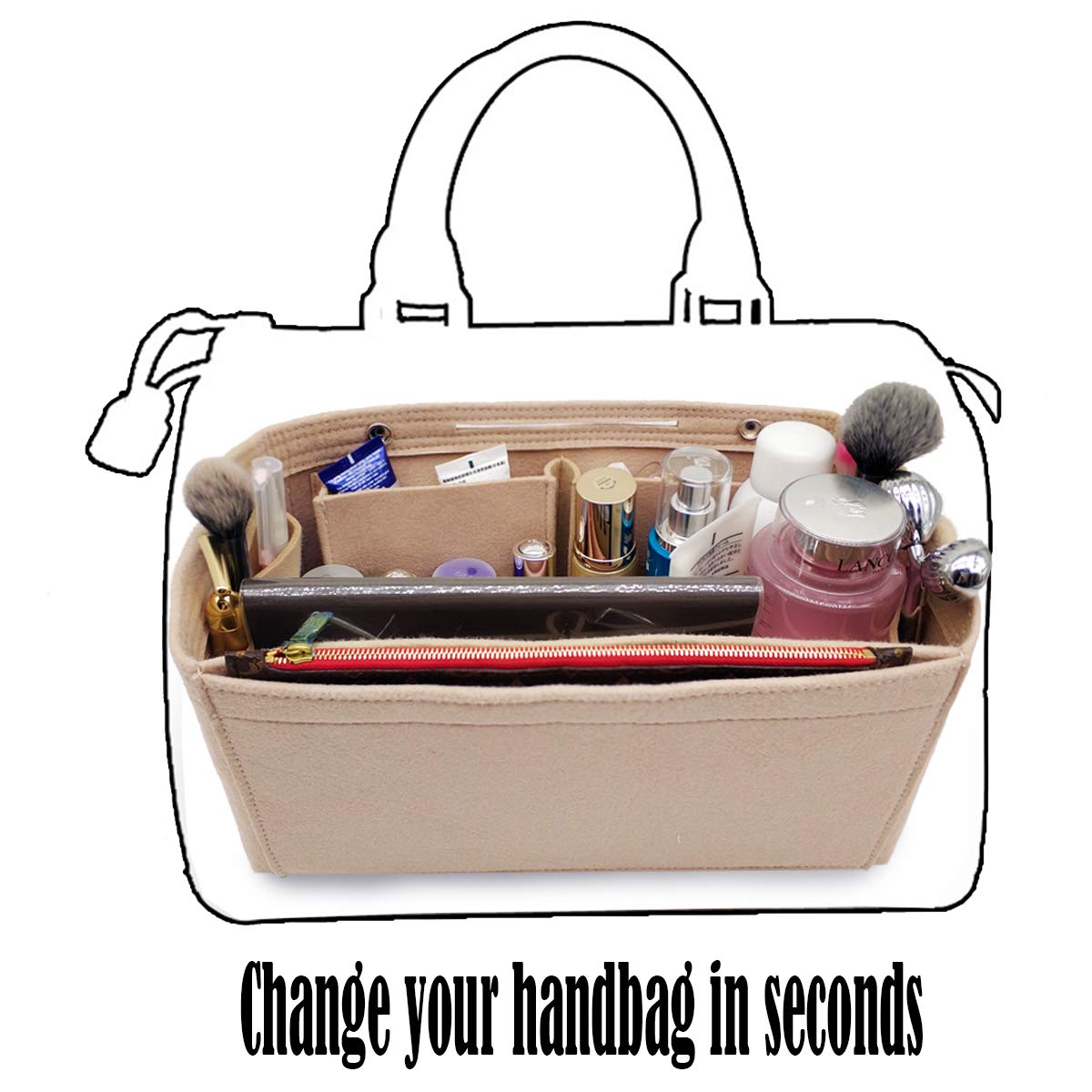 LEXSION Felt Purse Organizer Insert Bag organizer Multi Pocket Bag in Bag Organizer For Tote & Handbag Shaper 8008 Beige M