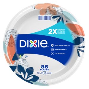 dixie large paper plates, 10 inch, 86 count, 2x stronger, microwave-safe, soak-proof, cut resistant, disposable plates for everyday breakfast, lunch, & dinner meals