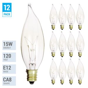 KOR (Pack of 12) 15 Watt Clear Candelabra Base (E12) Flame Tip 120V Decorative Dimmable Chandelier Lights Bulbs