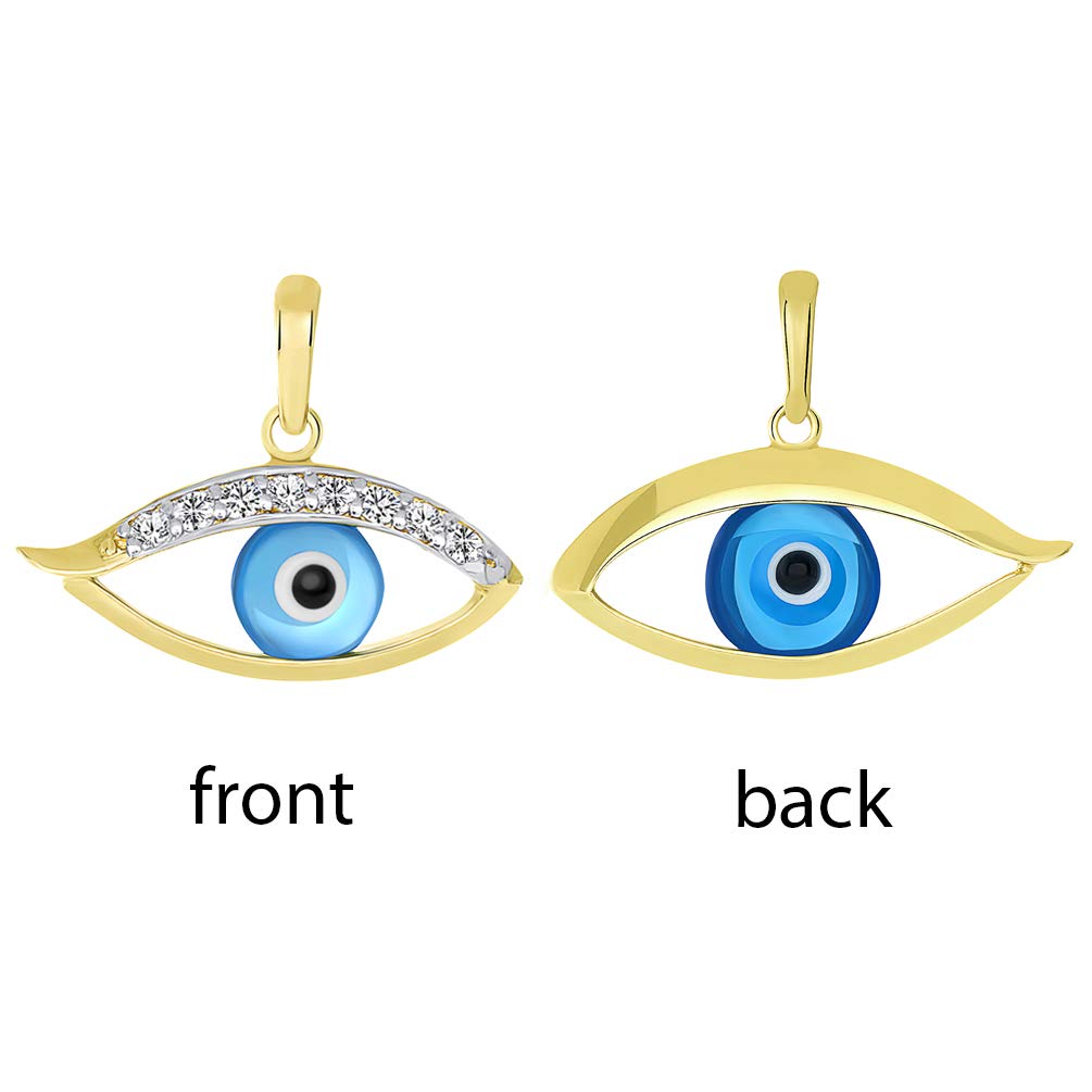 14K Yellow Gold Dainty Blue Open Evil Eye Charm Pendant with Cubic Zirconia Stones