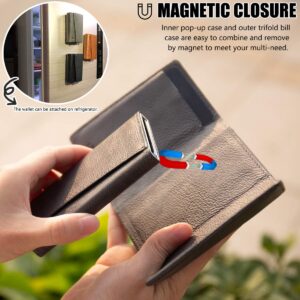 ManChDa Genuine Leather Wallet Slim RFID Blocking Magnetic Wallet for Men Trifold Wallet Aluminum Detachable Wallet Pop up Card Wallet Card Case Holder Clip Money Organizer(Grey 2)