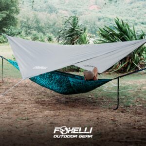 Foxelli Hammock Rain Fly - Waterproof Lightweight Tent & Hammock Rain Tarp for Camping, Backpacking w/Easy Setup Including Extra Long Guy Lines & Stakes