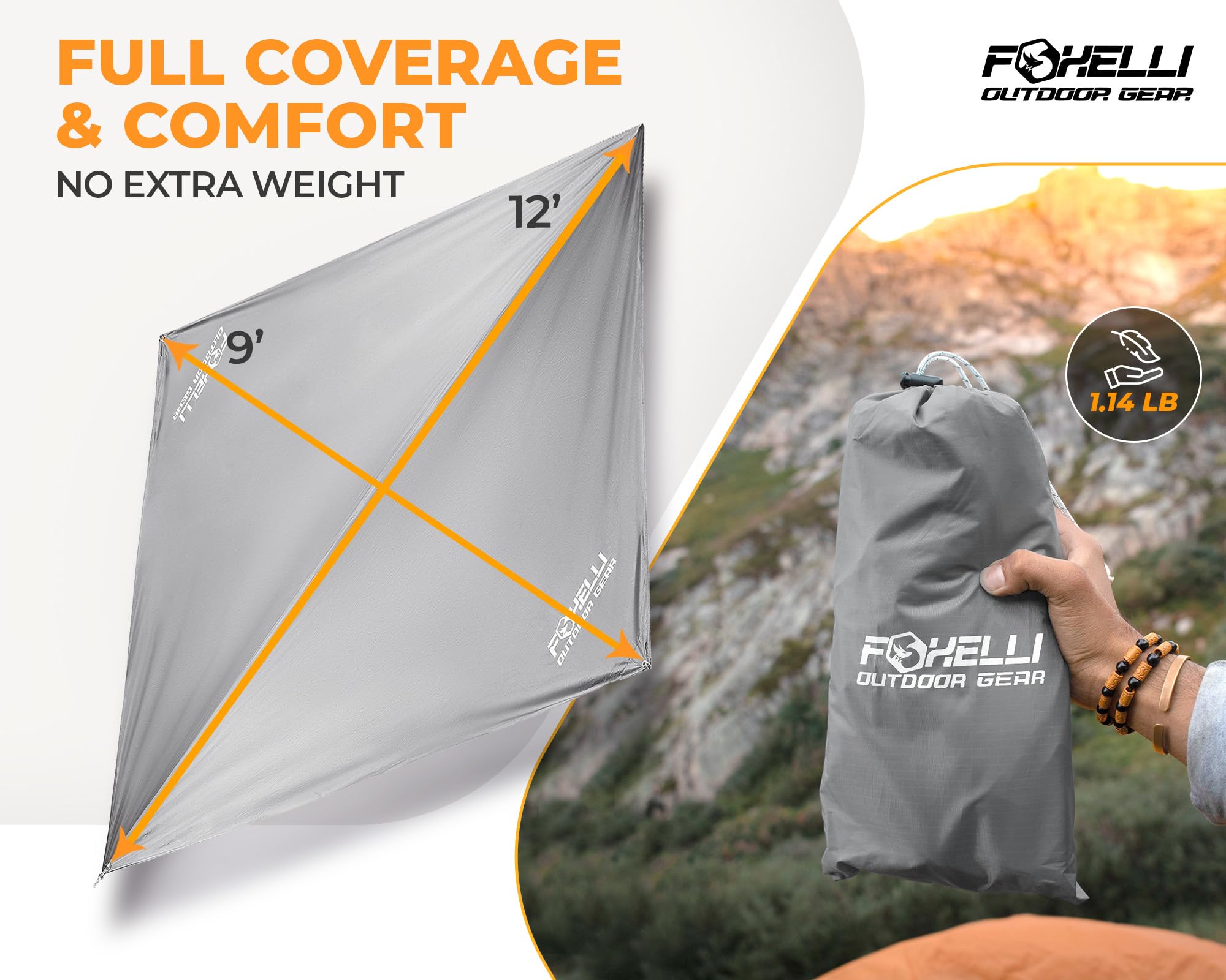 Foxelli Hammock Rain Fly - Waterproof Lightweight Tent & Hammock Rain Tarp for Camping, Backpacking w/Easy Setup Including Extra Long Guy Lines & Stakes