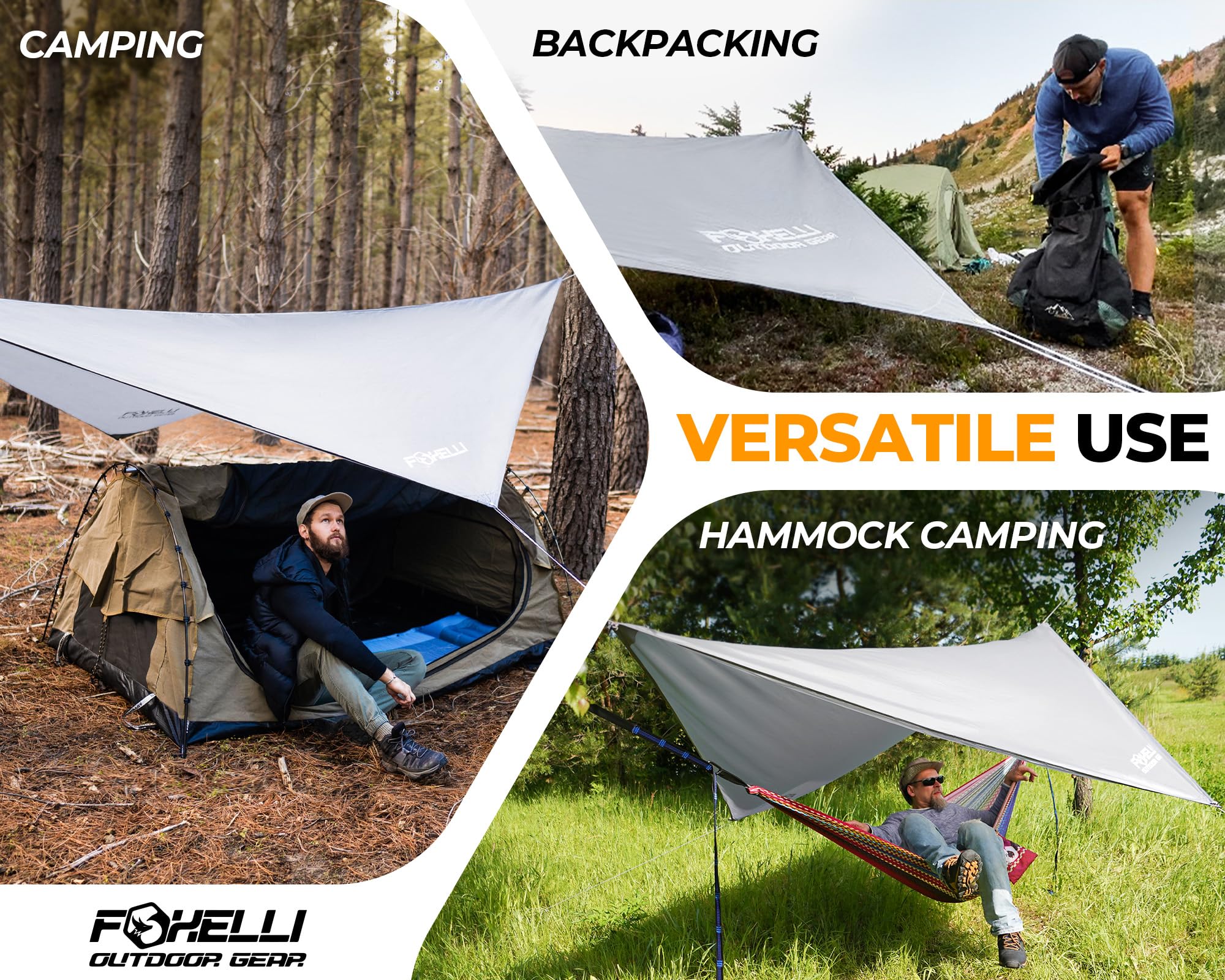 Foxelli Hammock Rain Fly - Waterproof Lightweight Tent & Hammock Rain Tarp for Camping, Backpacking w/Easy Setup Including Extra Long Guy Lines & Stakes