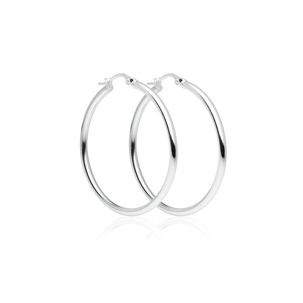 Sterling Silver Hoop Earrings, Round-tube Design, Shiny Polish Finish with Click-Top Closure, Tarnish and Nickel Free, 35mm Diameter