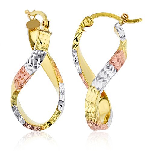 14k Tri Color Gold Solid S Oval Twisted Diamond Cut Hoop Earrings for Women | 3x27mm Thick | Italian Gold Hoops | Twisted Hoop Earrings | Secure Click-Top | Shiny Polished Earrings, 3x27mm