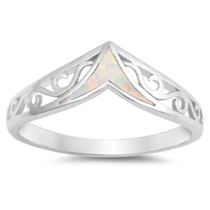 white simulated opal pointed filigree v ring new .925 sterling silver band size 7