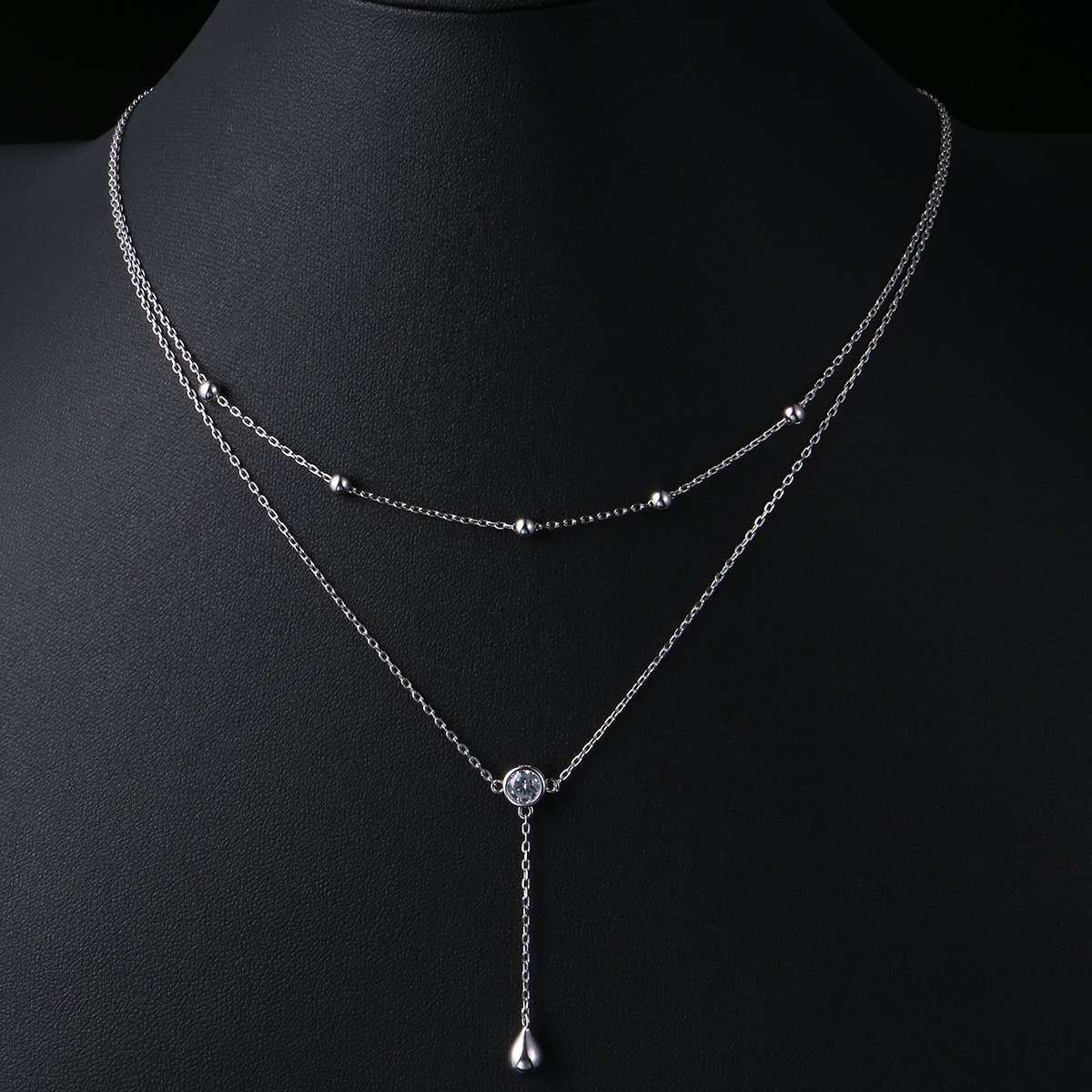 Teardrop Double Layered Necklace Sterling Silver Long Chain Y Lariat Necklace for Women Lady