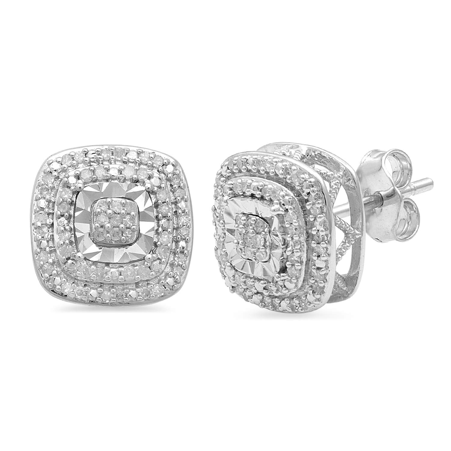 Jewelili Cushion Stud Earrings in Sterling Silver with 1/4 CTTW Double Halo Natural White Diamonds