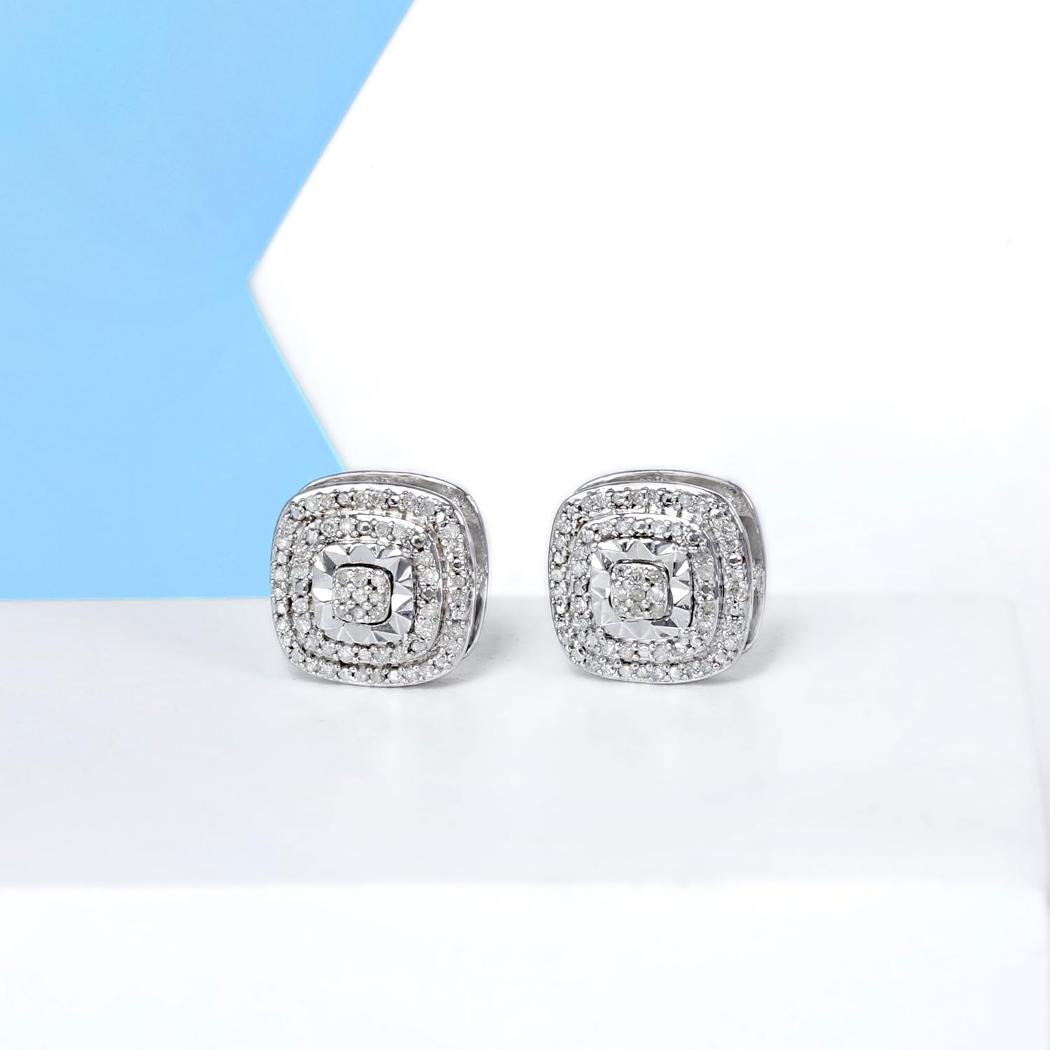 Jewelili Cushion Stud Earrings in Sterling Silver with 1/4 CTTW Double Halo Natural White Diamonds