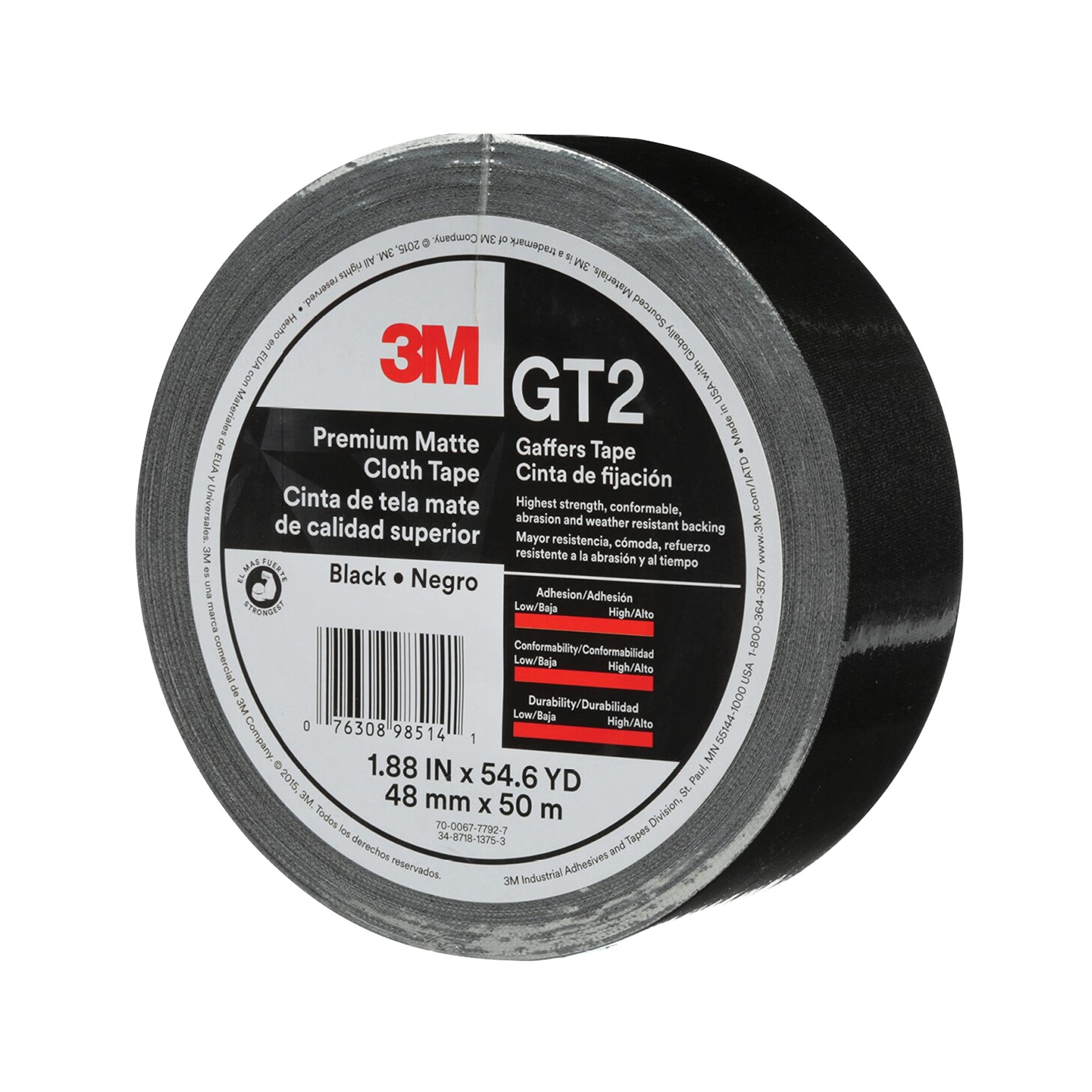 3M Premium Matte Cloth (Gaffers) Tape GT2, High-Strength, Indoor/Outdoor Use, Black, 48 mm x 50 m, 11 mil, 1 Roll, 98514