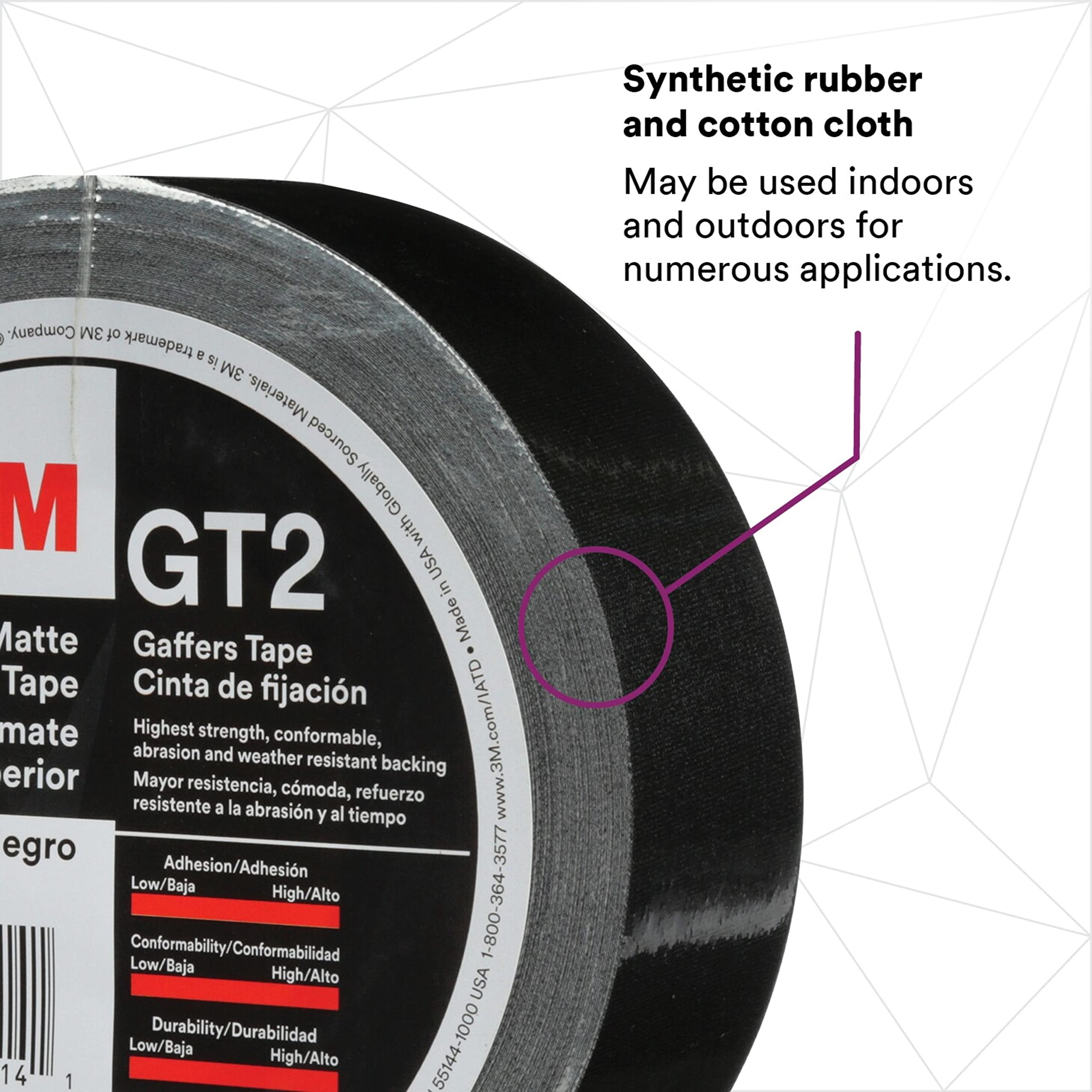 3M Premium Matte Cloth (Gaffers) Tape GT2, High-Strength, Indoor/Outdoor Use, Black, 48 mm x 50 m, 11 mil, 1 Roll, 98514