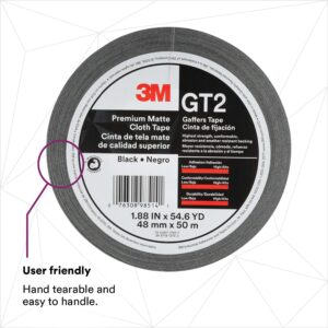 3M Premium Matte Cloth (Gaffers) Tape GT2, High-Strength, Indoor/Outdoor Use, Black, 48 mm x 50 m, 11 mil, 1 Roll, 98514