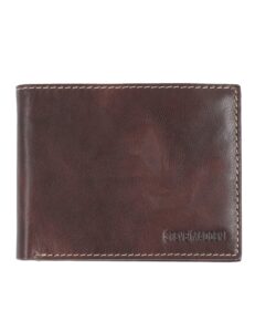 steve madden men's leather wallet extra capacity attached flip pockets, brown/antique, one size