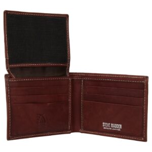 Steve Madden Men's Leather Wallet Extra Capacity Attached Flip Pockets, Brown/Antique, One Size