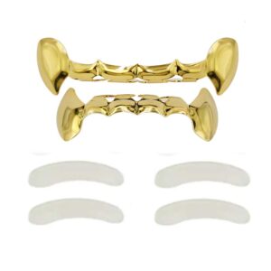 topgrillz 18k gold plated dracula vampire fangs slug top and bottom grills for your teeth grillz set for men and women hip hop(gold)