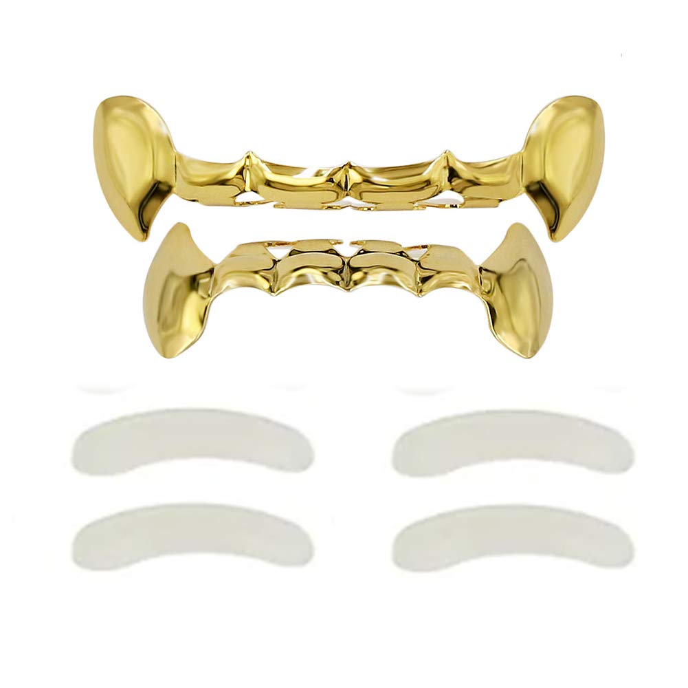 TOPGRILLZ 18K Gold Plated Dracula Vampire Fangs Slug Top and Bottom Grills for Your Teeth Grillz Set for Men and Women Hip Hop(Gold)