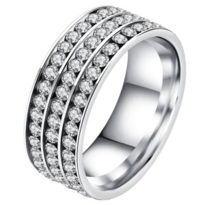 PAURO Women's Stainless Steel 3 Rows Cubic Zirconia Round Cut CZ Ring Promise Wedding Band Silver Size 7