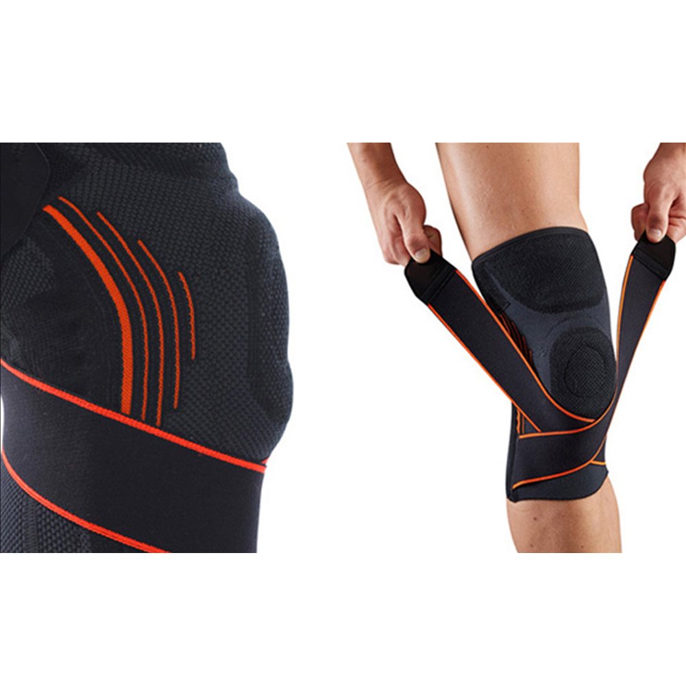 Dofover Knee Compression Sleeve with Pressure Strap 3D Weaving Pressurization Knee Brace Knee Support Professional Protective, Joint Pain Relief, Injury Recovery-Single (M, Black Orange)