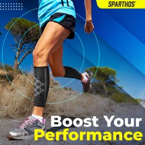 Sparthos Calf Compression Sleeve (Pair) – Leg Compression Brace for Men and Women – Shin Splint Calf Pain Relief Calves Blood Circulation Sports Support Running Walking Cycling Yoga (Black-M)