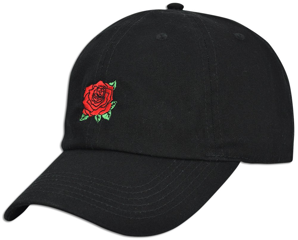 JLGUSA Red Rose Embroidered Dad Cap Hat Adjustable Polo Style Unconstructed (Black)