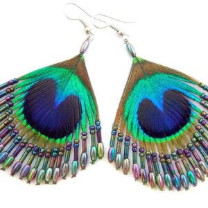 Swimmi Iridescent Peacock Feather Earrings, Hand Beaded Rainbow Color Beads Peacock Earrings for Women, Handmade Dangle Drop Feather Earrings Fashion Jewelry FA014