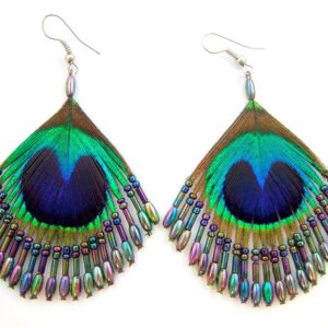 Swimmi Iridescent Peacock Feather Earrings, Hand Beaded Rainbow Color Beads Peacock Earrings for Women, Handmade Dangle Drop Feather Earrings Fashion Jewelry FA014