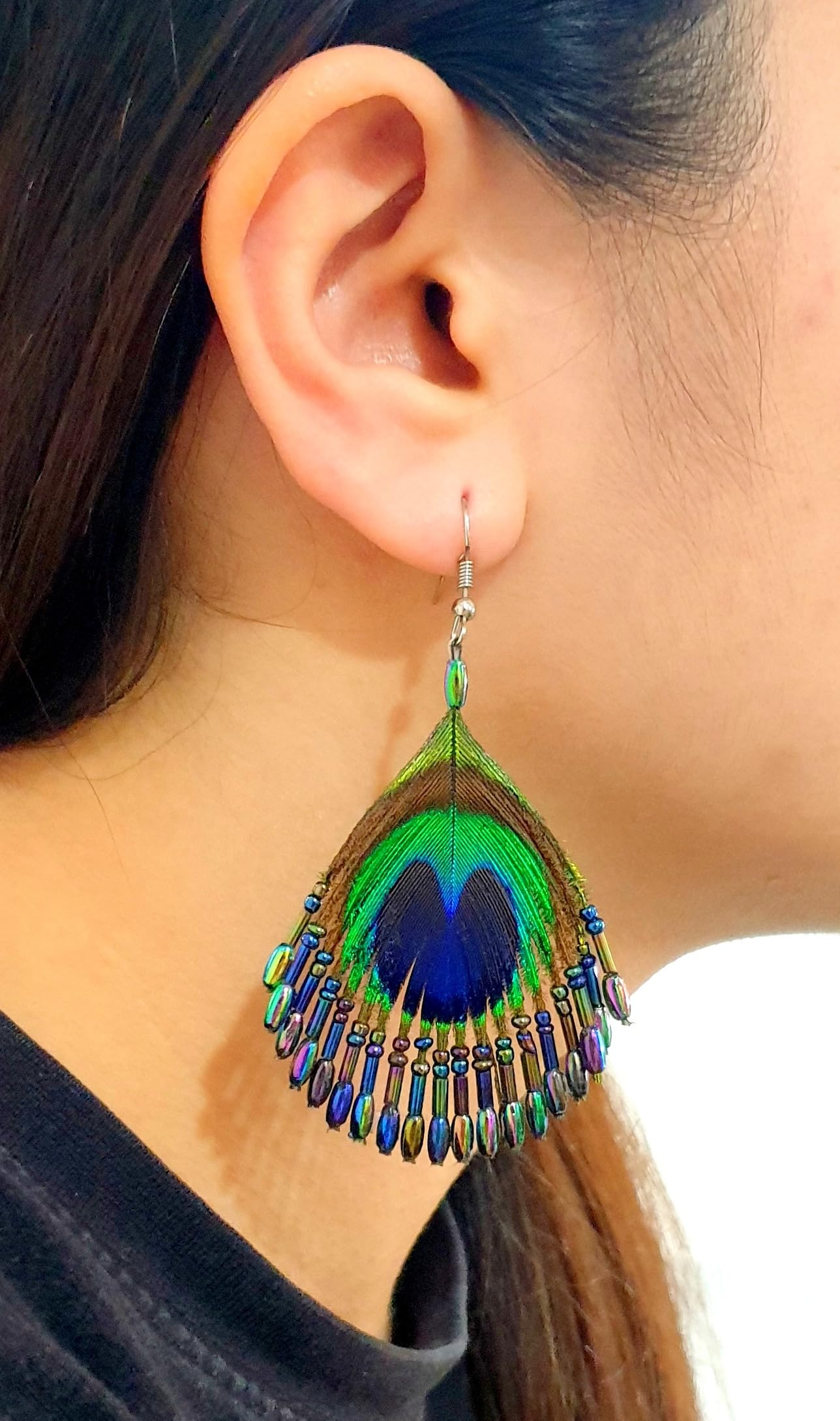 Swimmi Iridescent Peacock Feather Earrings, Hand Beaded Rainbow Color Beads Peacock Earrings for Women, Handmade Dangle Drop Feather Earrings Fashion Jewelry FA014