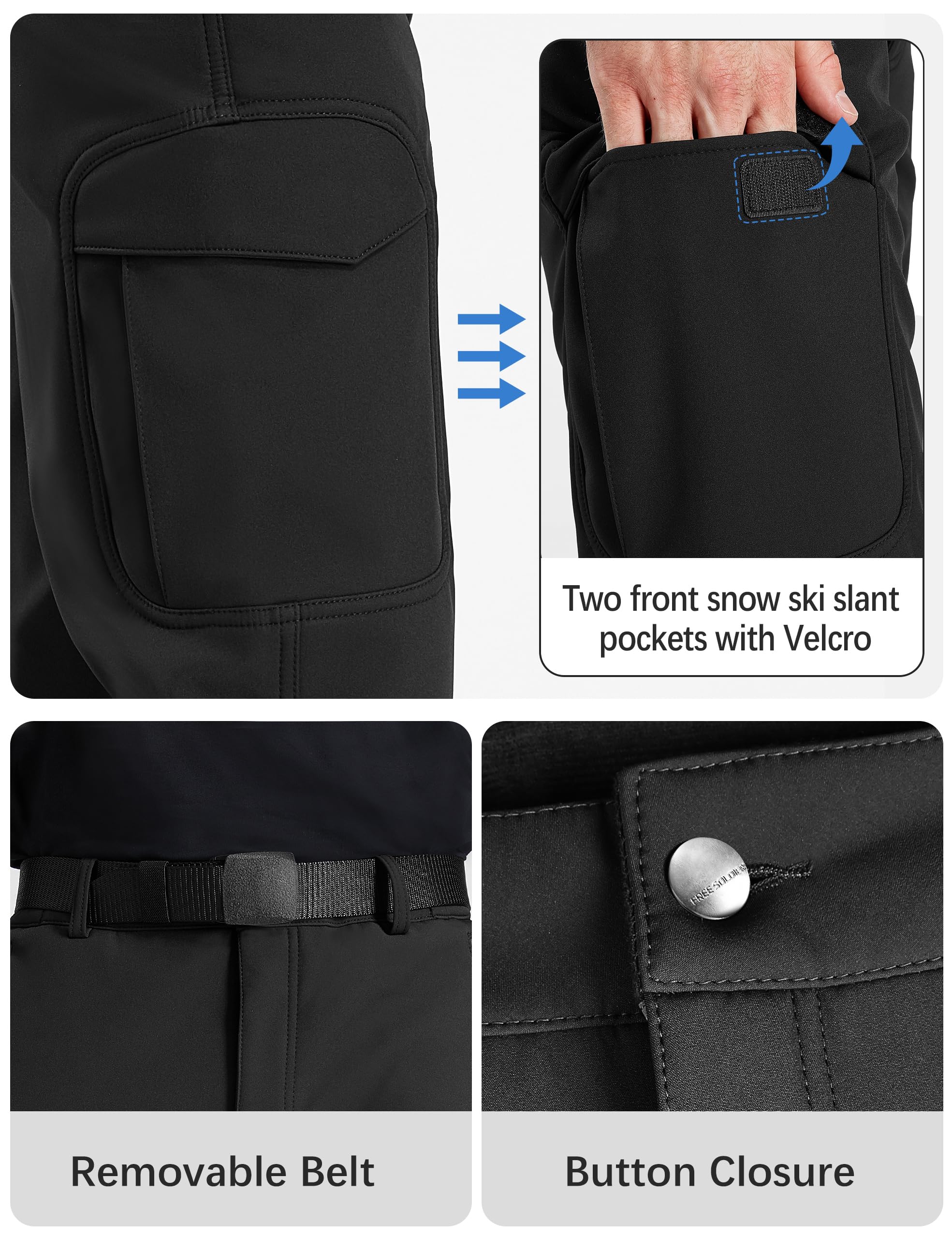 FREE SOLDIER Men's Outdoor Softshell Fleece Lined Cargo Pants Snow Ski Hiking Pants with Belt (Black 34W/30L)