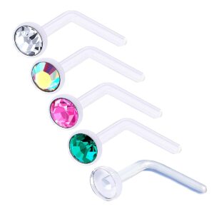 bodyjewellery 5Pcs 20g 0.8mm Nose Rings L Shaped Bioflex Clear Flexible Nostril Piercing Jewelry 2.5mm Crystal - CL AB RO BZ