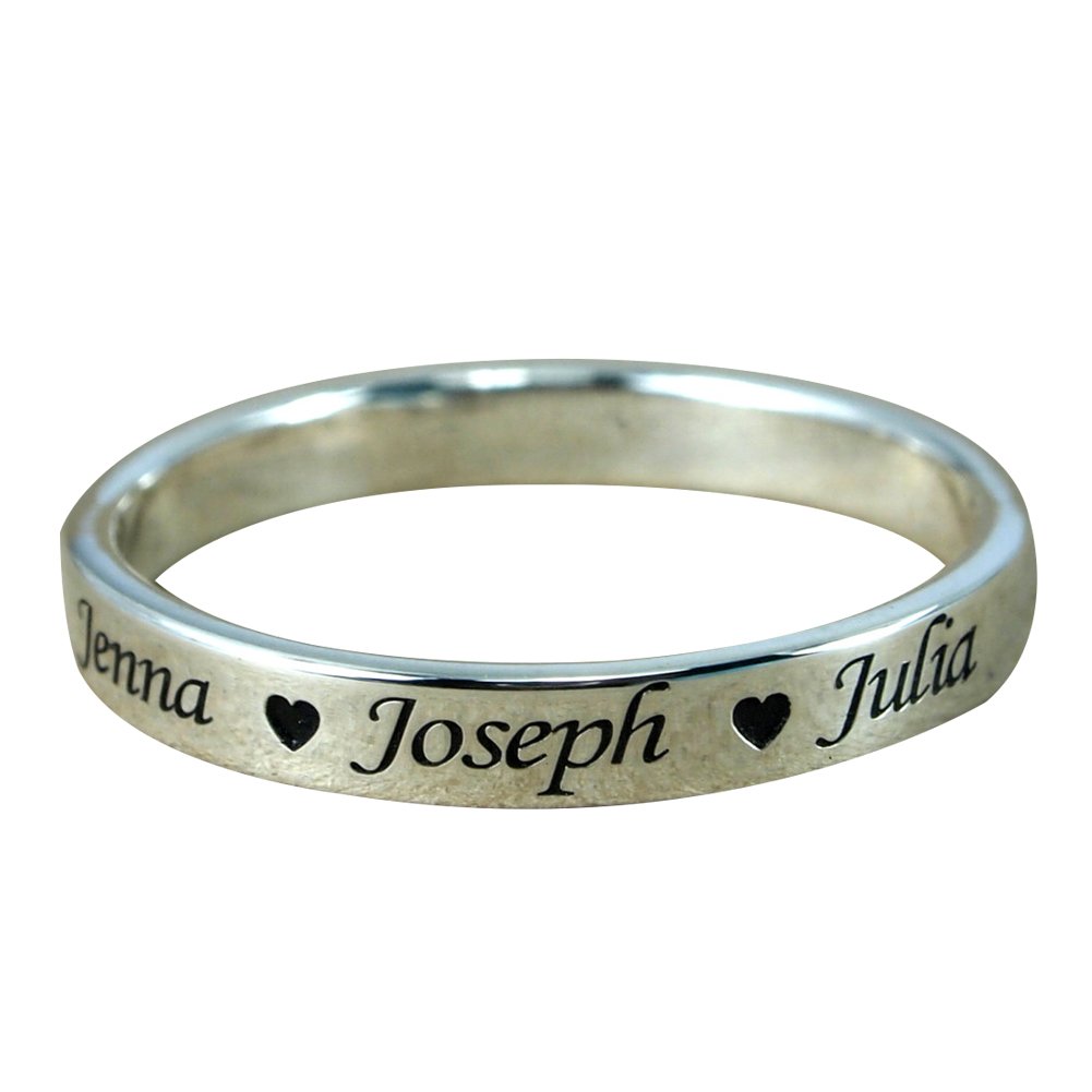 Ouslier Sterling Silver Personalized Family Name Ring Custom Made with 3 Name Customized Jewelry for Mother Women Girls (silver)