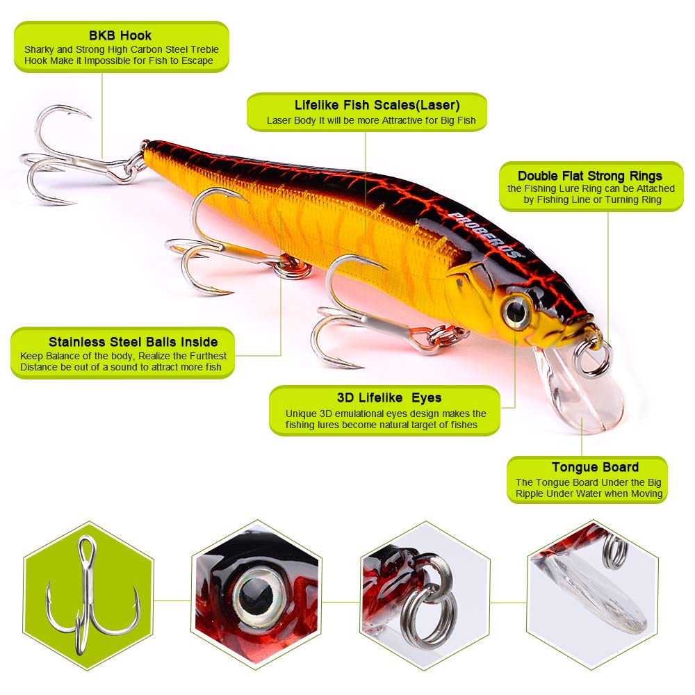 PROBEROS Minnow Bass Fishing Lures - Jerkbait Sinking Lure Set Hard Baits Crankbait for Trout Catfish Musky Bluegill Fishing Plug 6Pcs/kit