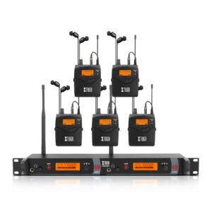 xtuga rw2080 wireless in ear monitor system mono design dual channel wireless iem system 5 bodypacks, 300ft, 40 uhf frequencies, in ears monitors for band, stage or studio,572mhz-599mhz