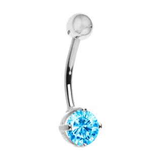 Ritastephens 14k Solid Gold White Belly Button Navel Ring Blue CZ Cubic Zirconia Body Art