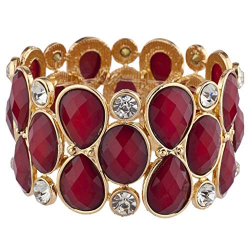 LUX ACCESSORIES Gold Tone Red Burgundy Crystal Teardrop Shimmer Stretch Bracelet