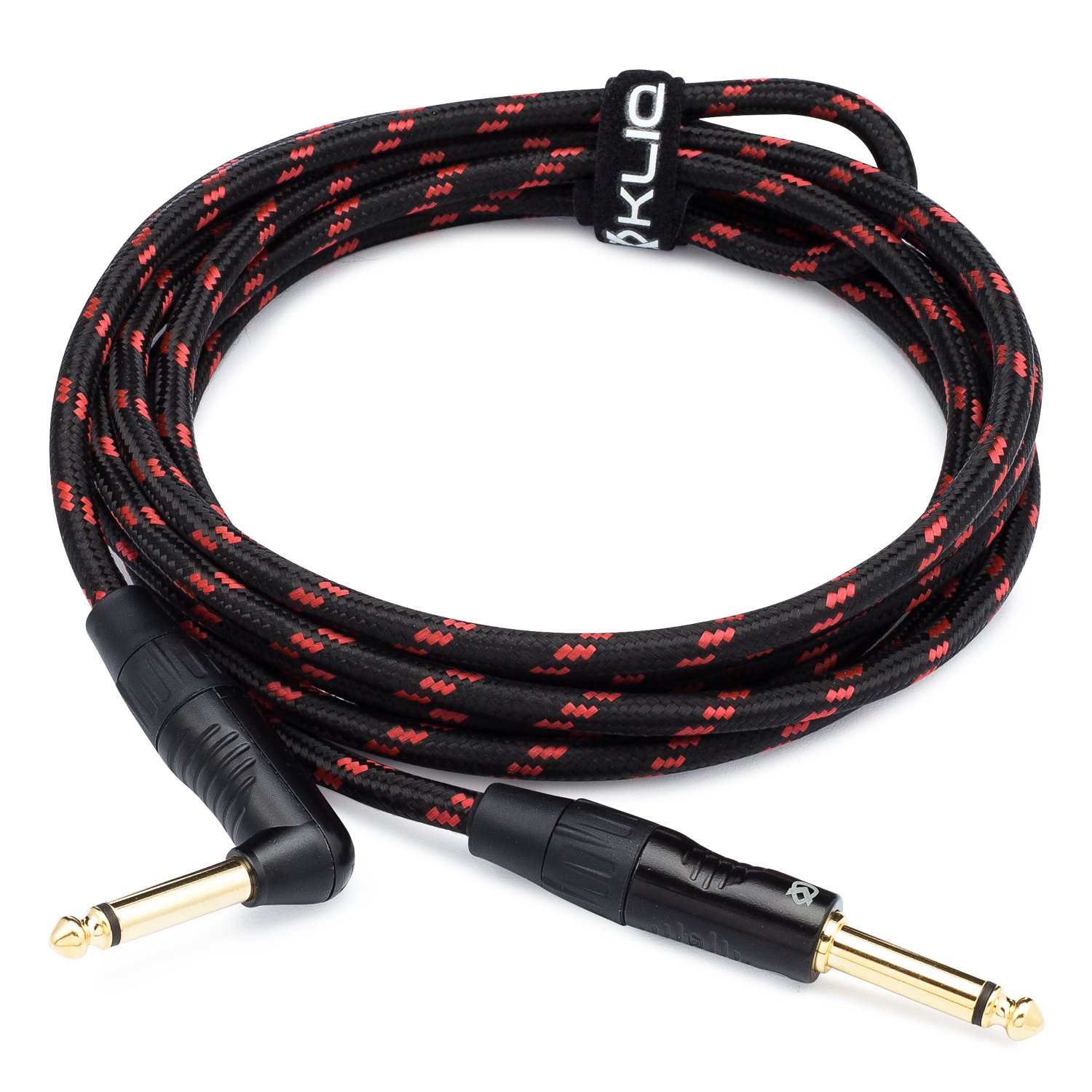 KLIQ Guitar Instrument Cable, 10 Ft - Custom Series with Premium Rean-Neutrik 1/4" Straight to Right Angle Gold Plugs, Black/Red Tweed