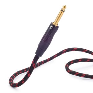 KLIQ Guitar Instrument Cable, 10 Ft - Custom Series with Premium Rean-Neutrik 1/4" Straight to Right Angle Gold Plugs, Black/Red Tweed