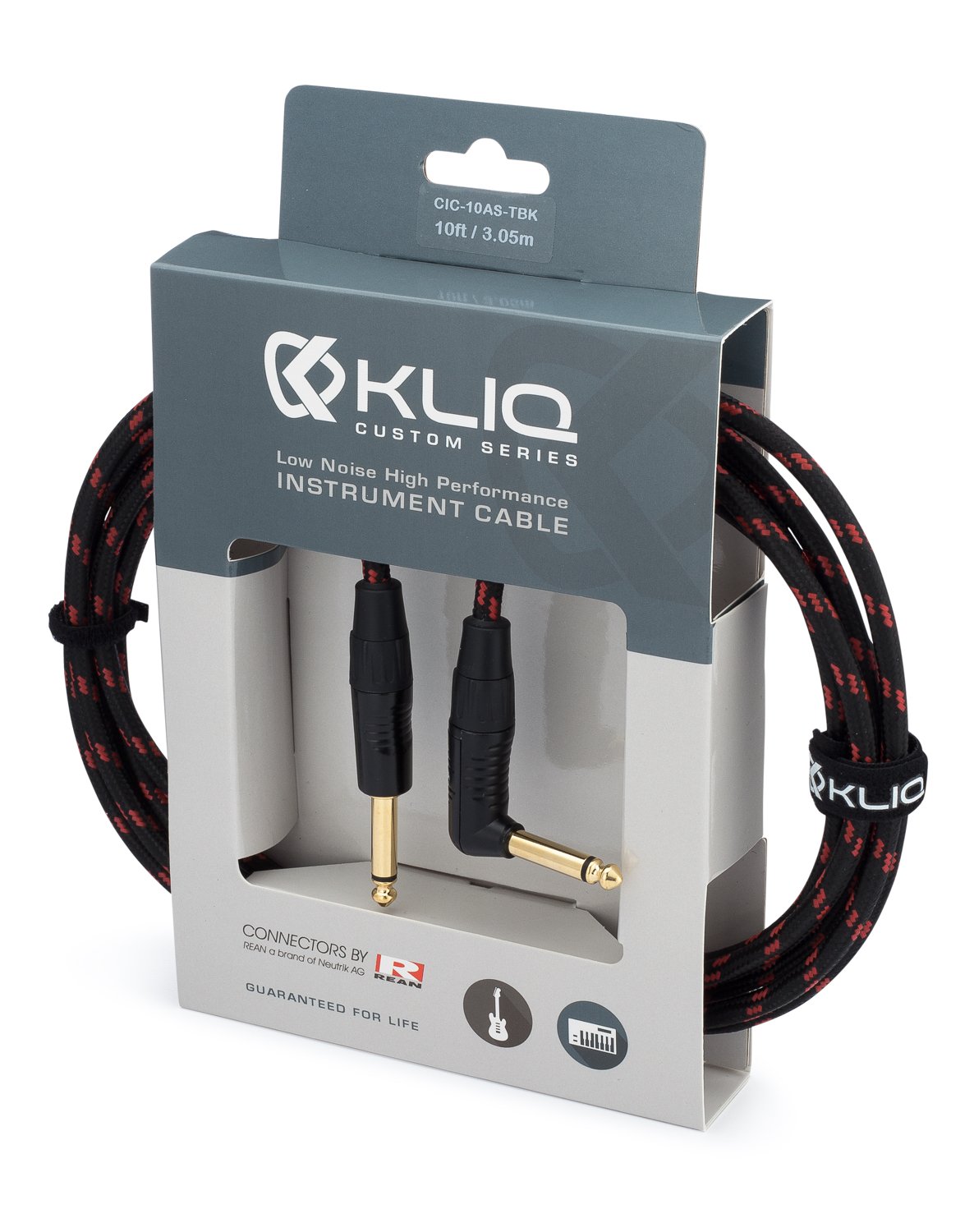 KLIQ Guitar Instrument Cable, 10 Ft - Custom Series with Premium Rean-Neutrik 1/4" Straight to Right Angle Gold Plugs, Black/Red Tweed