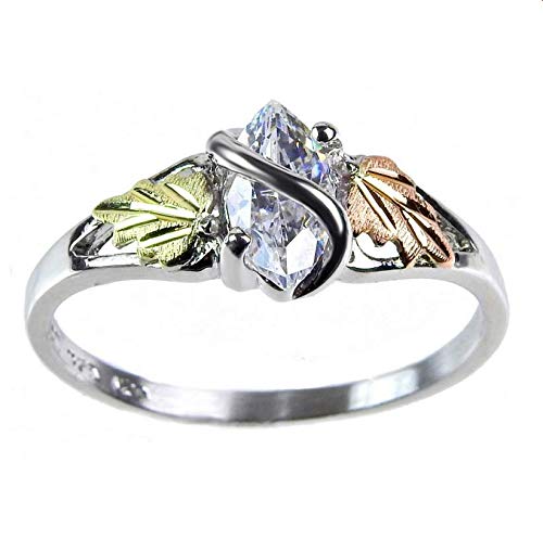 Marquise CZ with Leaf Slim-Profile Ring, Sterling Silver, 12k Green and Rose Black Hills Gold Size 9.75