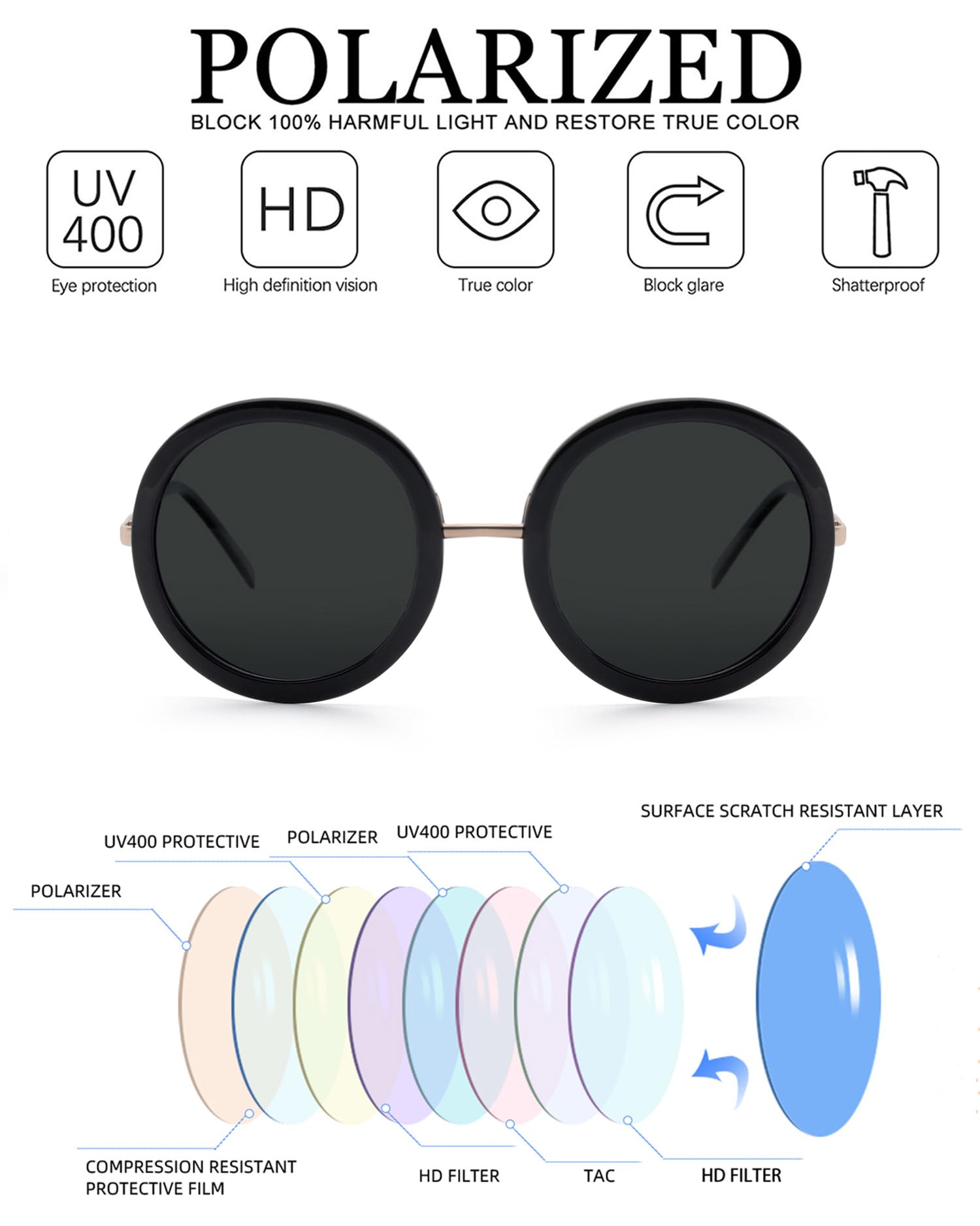 JOOX Polarized Retro Round Sunglasses for Women, Vintage Oversized Ladies Sun Glasses with 100% UV Protection Lens